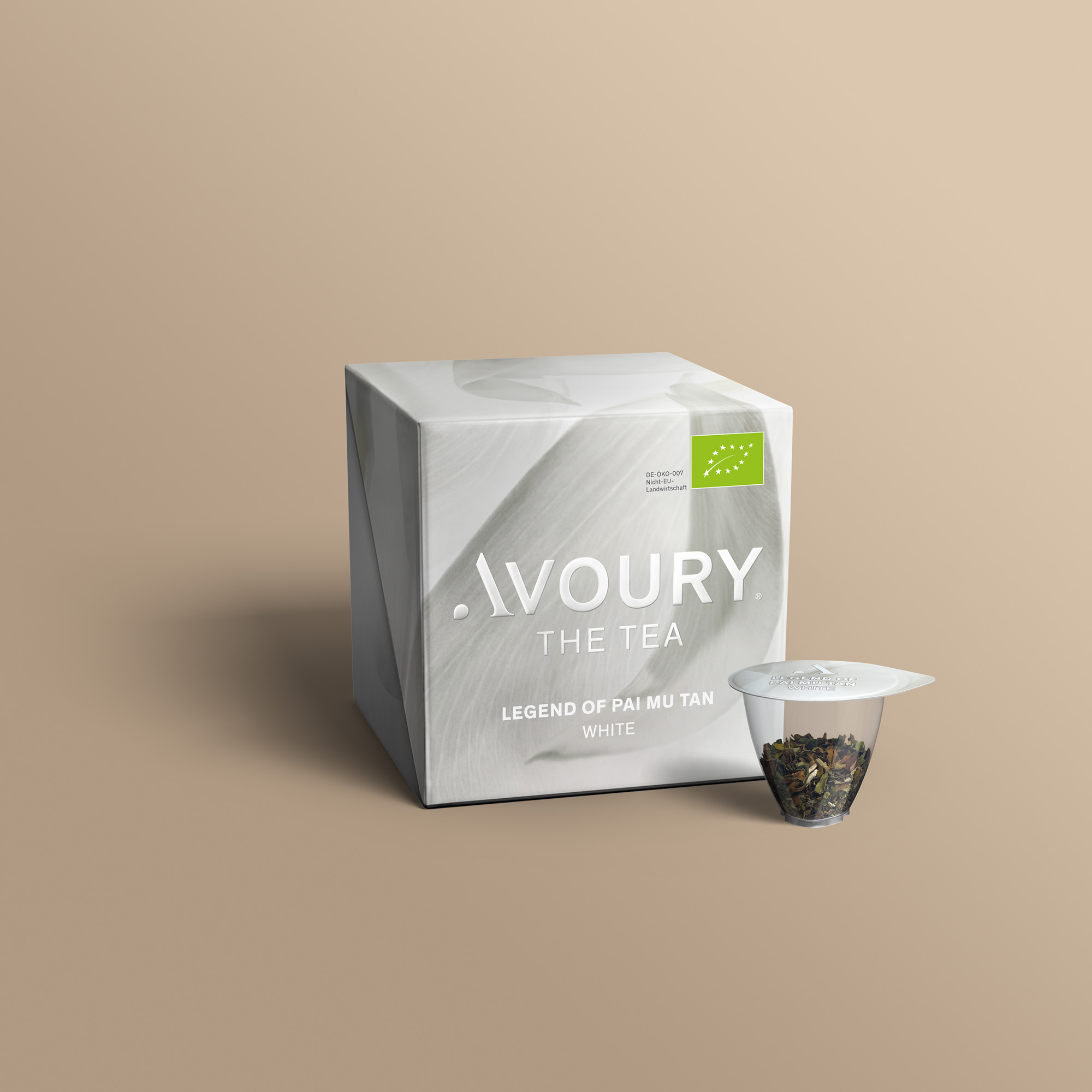Avoury Legend of Pai Mu Tan Teeverpackung mit Kapsel in 3D-Ansicht